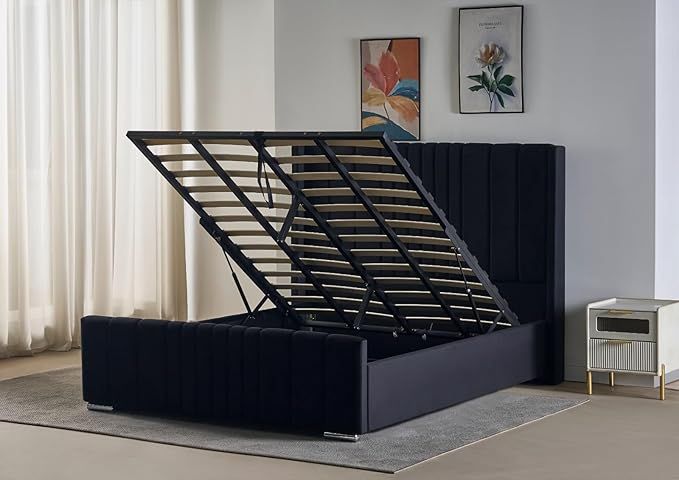 Wingback Ottoman Storage Bed Frame – Double &amp; King Size | Plush Velvet Upholstered Bed with Gas Lift Storage &amp; Tall Vertical Tufted Headboard