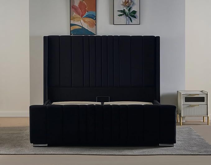 Wingback Ottoman Storage Bed Frame – Double &amp; King Size | Plush Velvet Upholstered Bed with Gas Lift Storage &amp; Tall Vertical Tufted Headboard