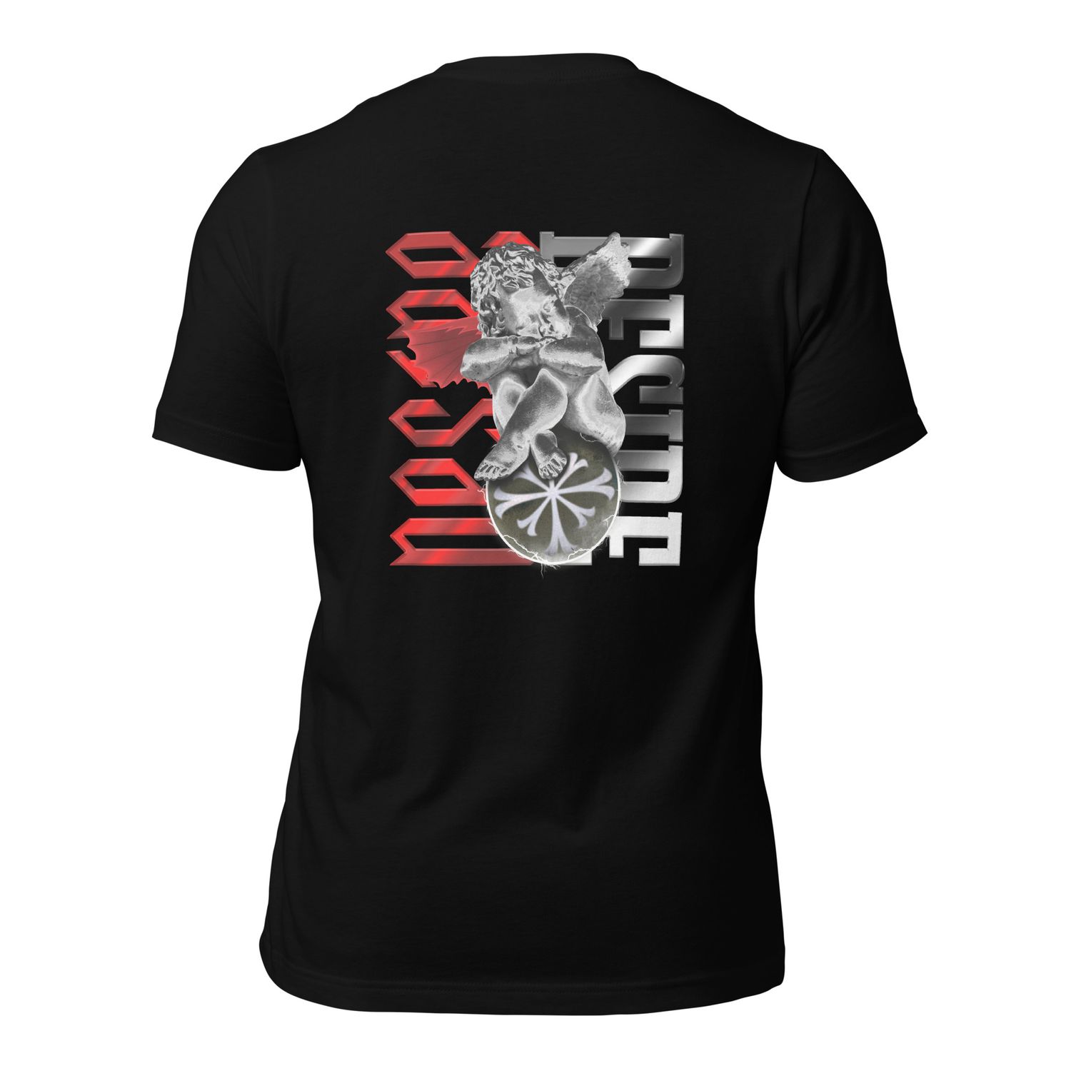 Black unisex t-shirt showcasing a striking design of a grayscale angel statue on a globe, with bold red and silver &#39;Desire&#39; typography, representing a fusion of gothic art and modern symbolism.