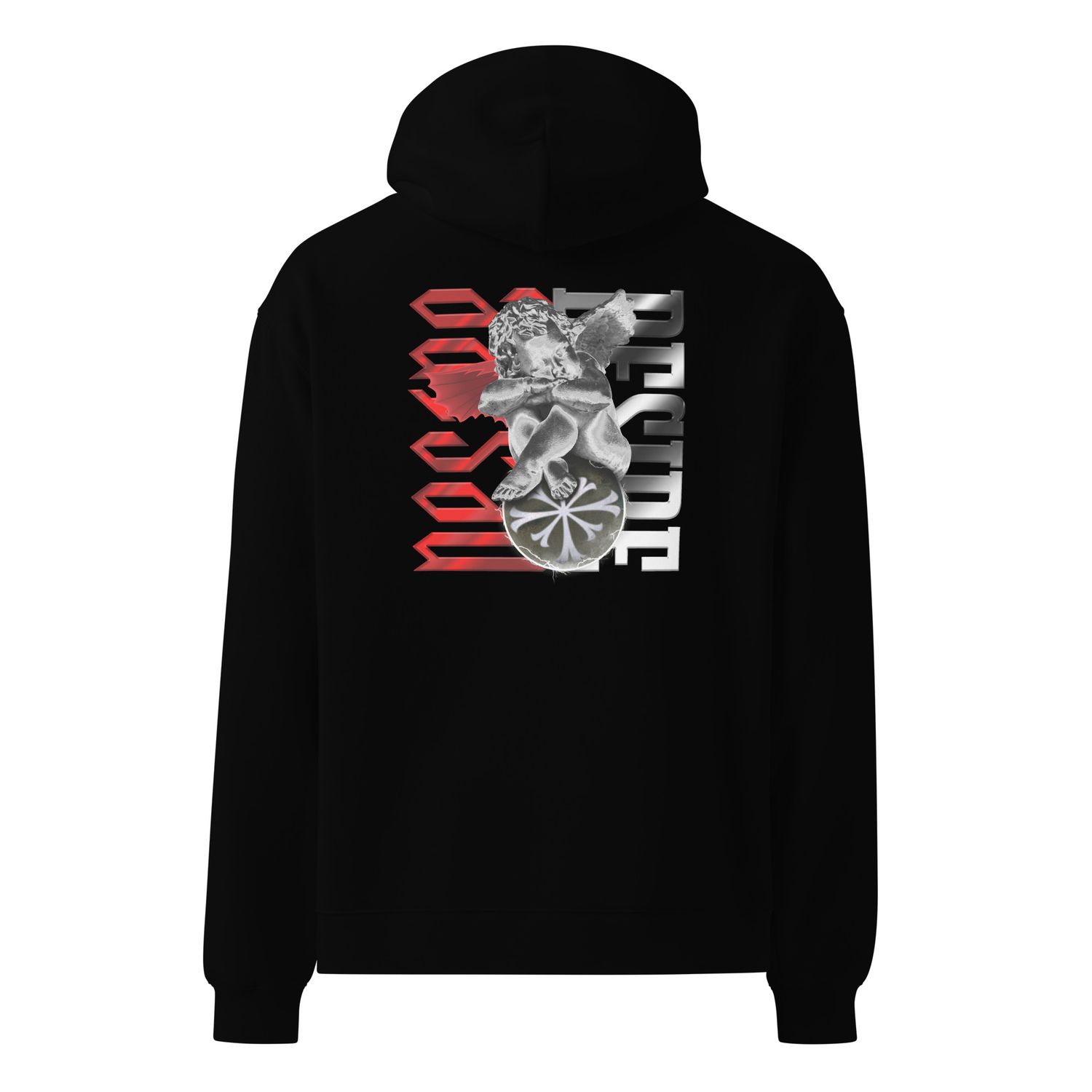 Black unisex Hoodie showcasing a striking design of a grayscale angel statue on a globe, with bold red and silver &#39;Desire&#39; typography, representing a fusion of gothic art and modern symbolism.