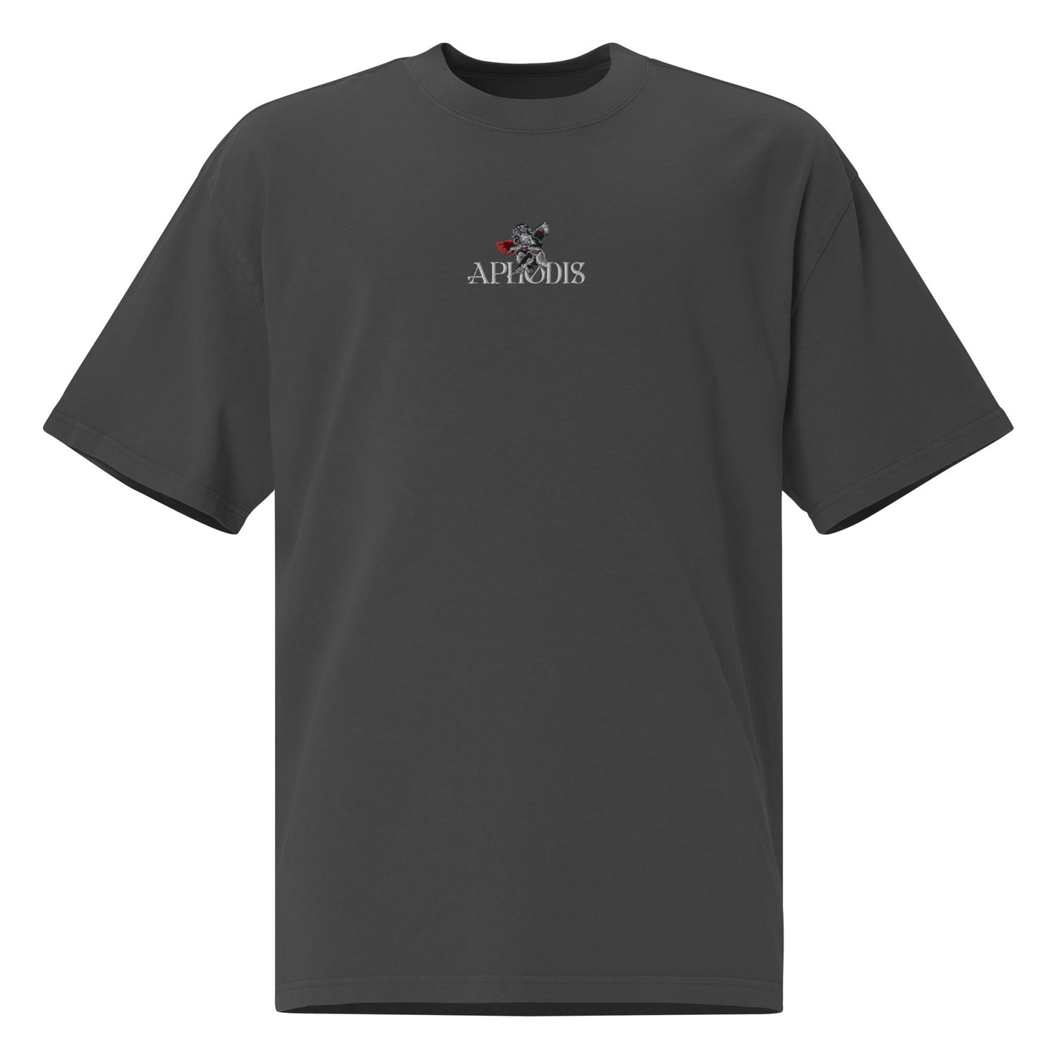 Grey unisex t-shirt showcasing a striking design of a grayscale angel statue on a globe, with bold red and silver &#39;Desire&#39; typography, representing a fusion of gothic art and modern symbolism.