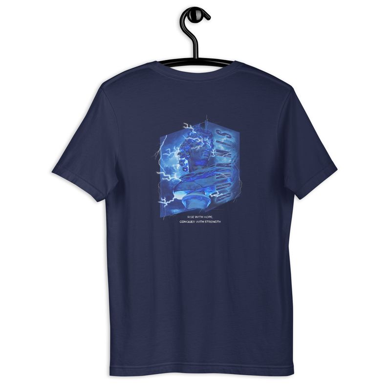 Navy unisex t-shirt featuring an electrifying design of a classical statue illuminated by blue lightning, with the empowering phrase &#39;Rise with Hope, Conquer with Strength&#39; below the graphic, by Aphodis.