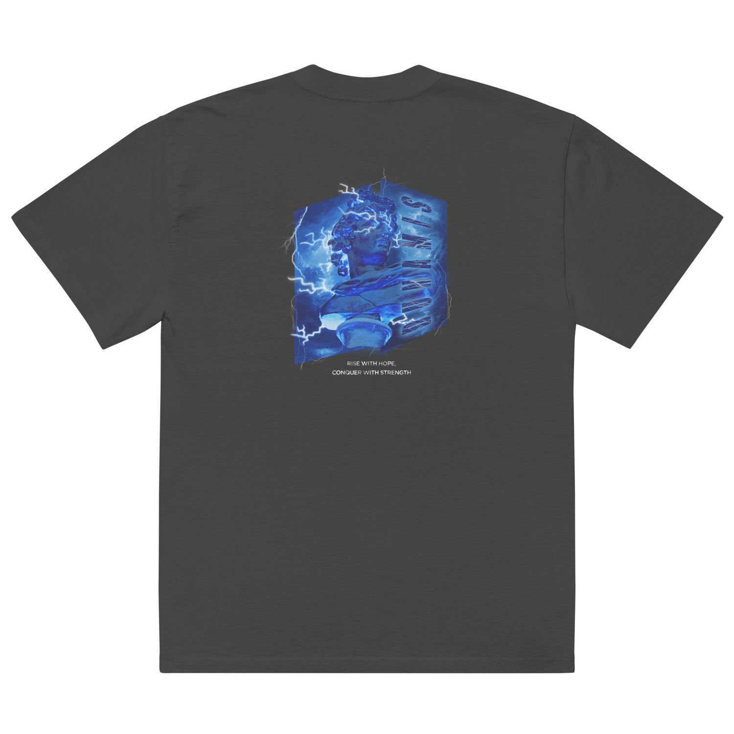 Grey unisex t-shirt featuring an electrifying design of a classical statue illuminated by blue lightning, with the empowering phrase &#39;Rise with Hope, Conquer with Strength&#39; below the graphic, by Aphodis.