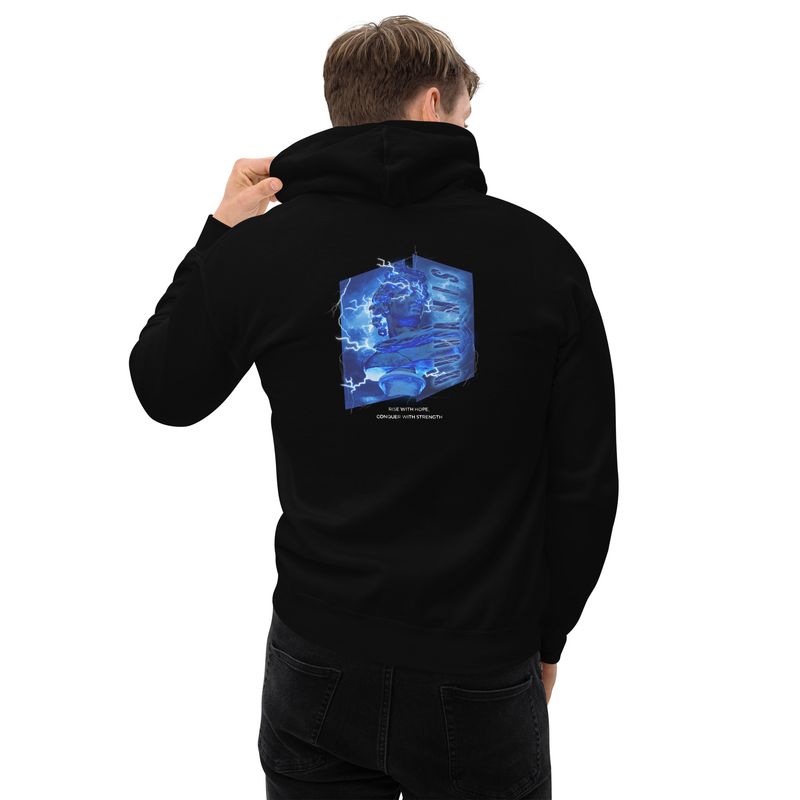 Black unisex hoodie featuring an electrifying design of a classical statue illuminated by blue lightning, with the empowering phrase &#39;Rise with Hope, Conquer with Strength&#39; below the graphic, by Aphodis.