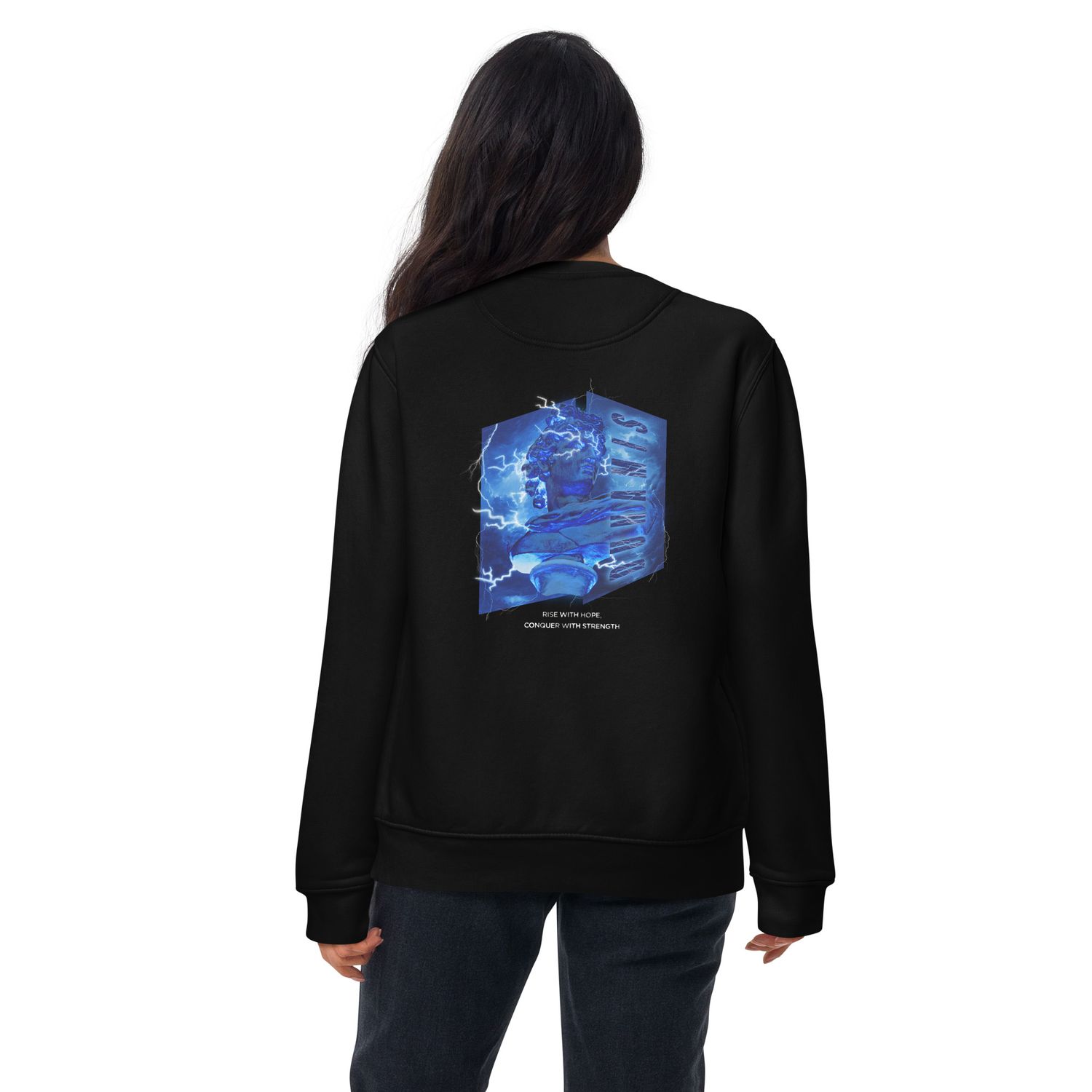 Black unisex Sweatshirt featuring an electrifying design of a classical statue illuminated by blue lightning, with the empowering phrase &#39;Rise with Hope, Conquer with Strength&#39; below the graphic, by Aphodis.
