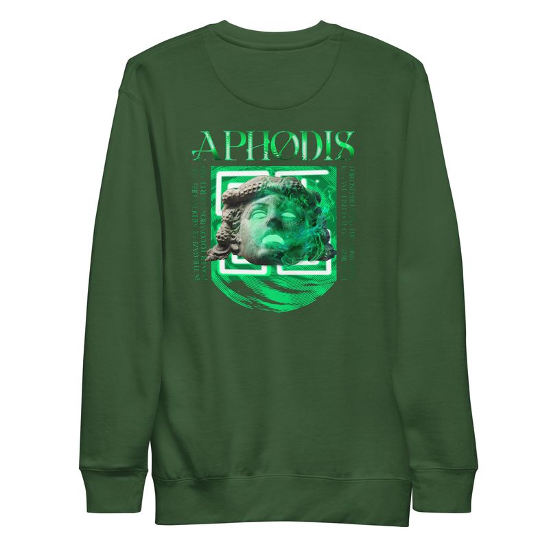 A Forest-Green sweatshirt with a bold Aphodis graphic featuring a classical statue face bust in grayscale with neon green accents, green flames, and ancient symbols in the background, symbolizing ancient mythology and modern artistry.