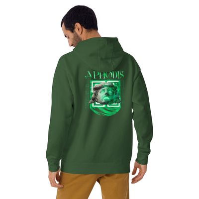 Green unisex hoodie with a bold Aphodis graphic featuring a classical statue face bust in grayscale with neon green accents, green flames, and ancient symbols in the background. Symbolizing ancient mythology and modern artistry.