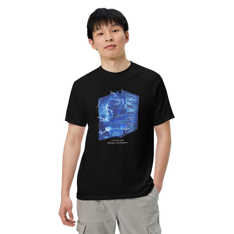 Black unisex t-shirt featuring an electrifying design of a classical statue illuminated by blue lightning, with the empowering phrase &#39;Rise with Hope, Conquer with Strength&#39; below the graphic, by Aphodis.