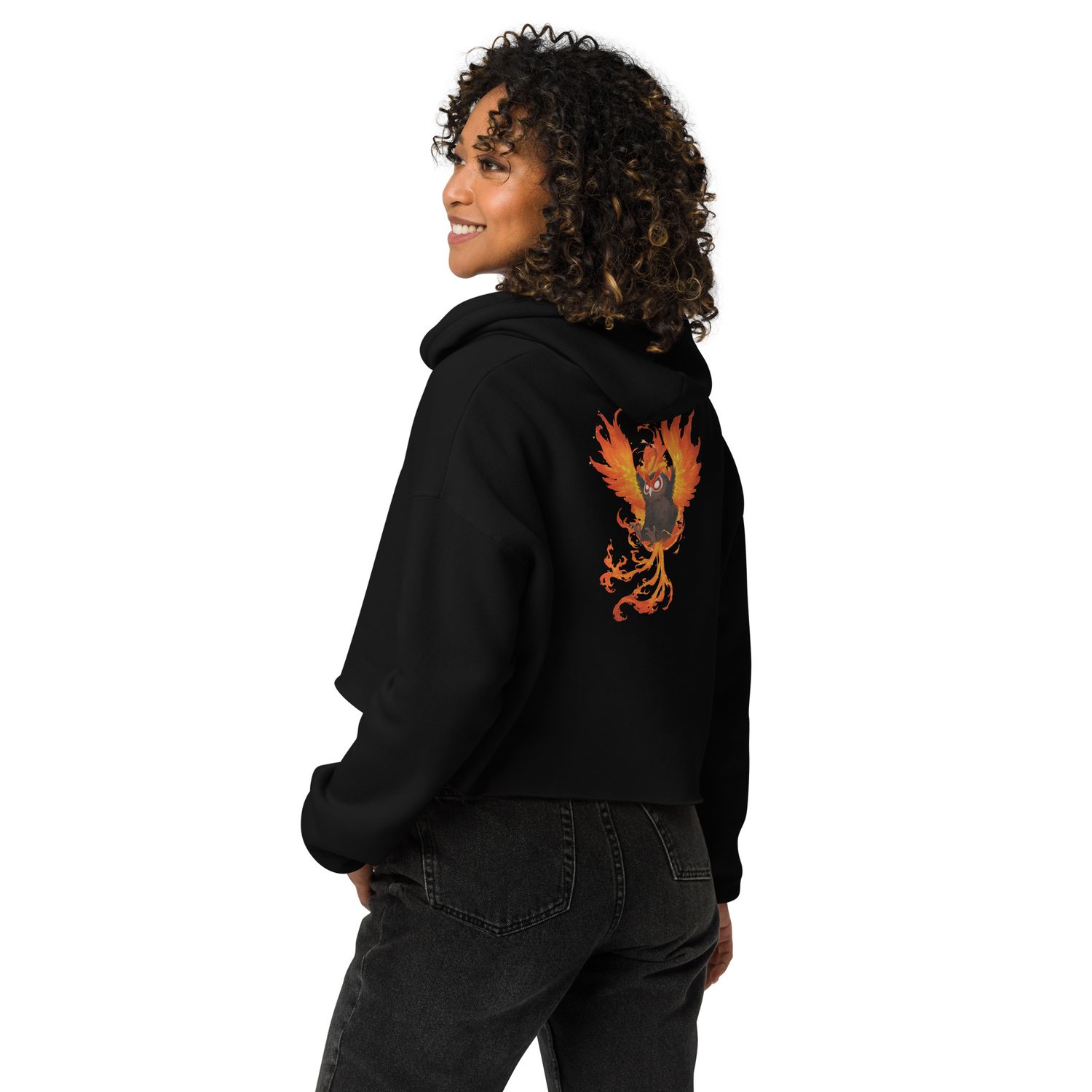 Black unisex t-shirt featuring a bold illustration of a fiery owl with flaming wings, symbolizing transformation and rebirth, by Aphodis.