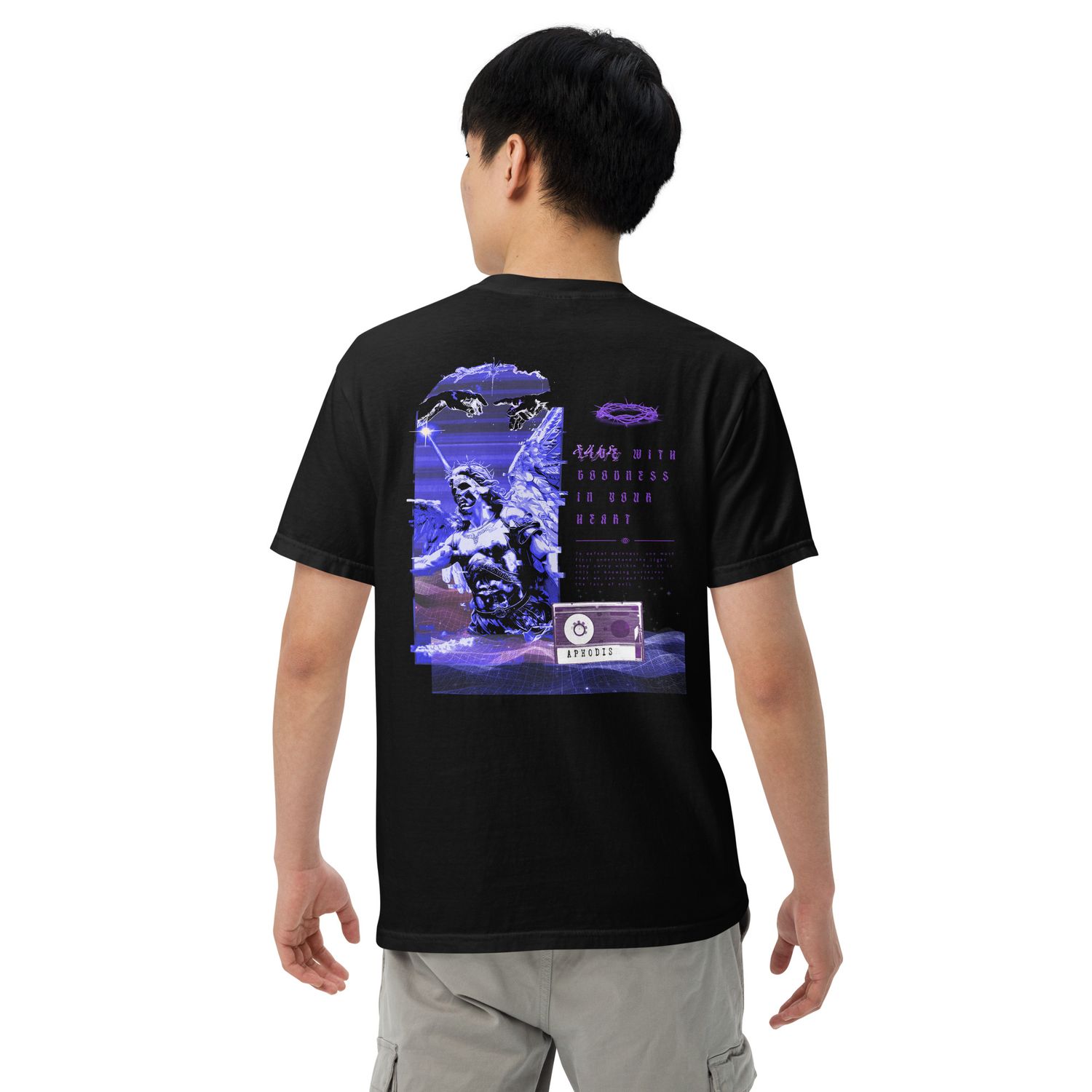 Archangel Michael graphic t-shirt
Good vs. evil t-shirt design
Dark fantasy angel clothing
Mythology-inspired t-shirts
Renaissance art-inspired graphic tee
Biblical angel warrior t-shirt
Spiritual and symbolic t-shirt designs
Inspirational graphic t-shirts
Angel vs demon t-shirt design
Religious art-inspired fashion
Purple and futuristic t-shirt designs
Angelic battle t-shirt
Thorn crown symbolism in clothing
Wearable art for mythology lovers
Gothic and celestial art clothing
High-quality graphic t-shirts for mythology fans