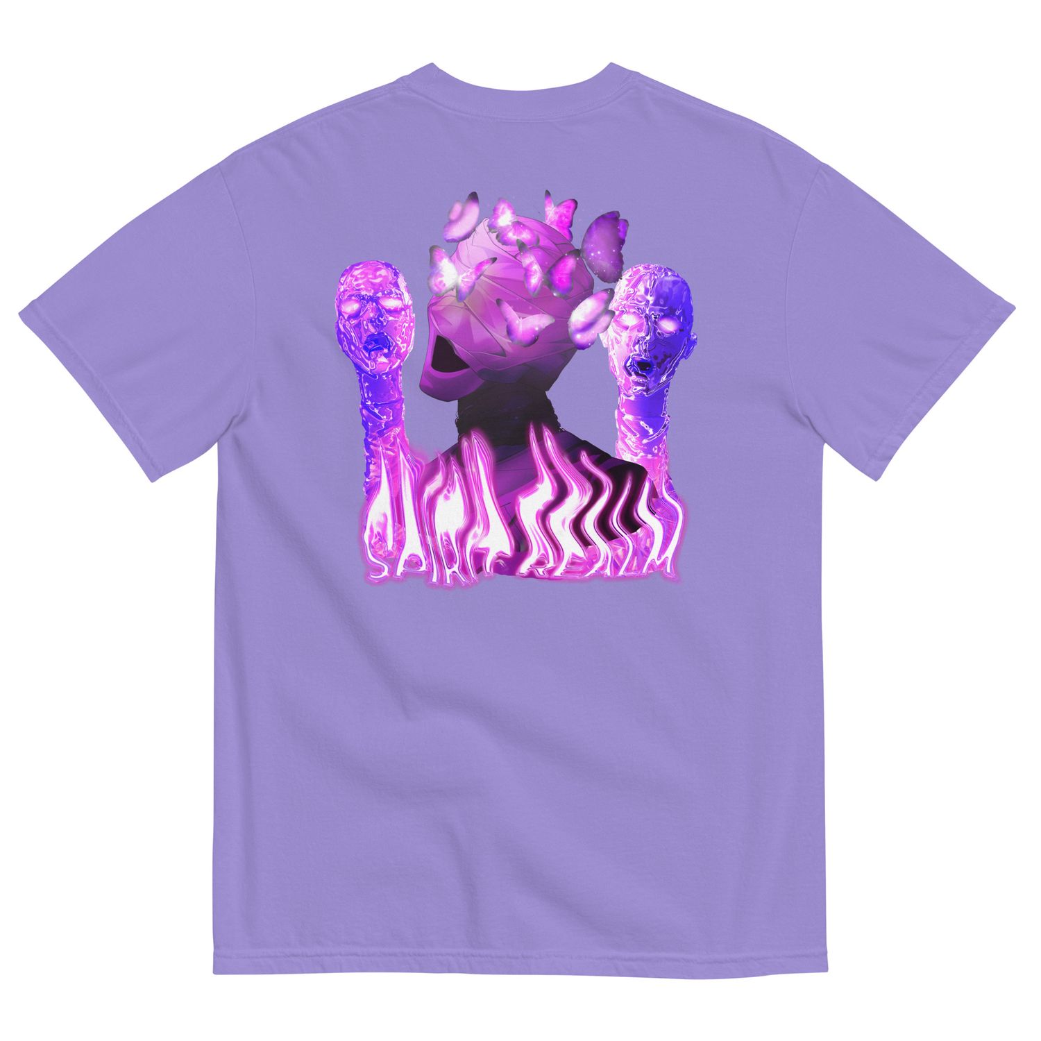 Surreal mummy head with glowing butterflies, designed in vivid purples and pinks for a mystical t-shirt print.