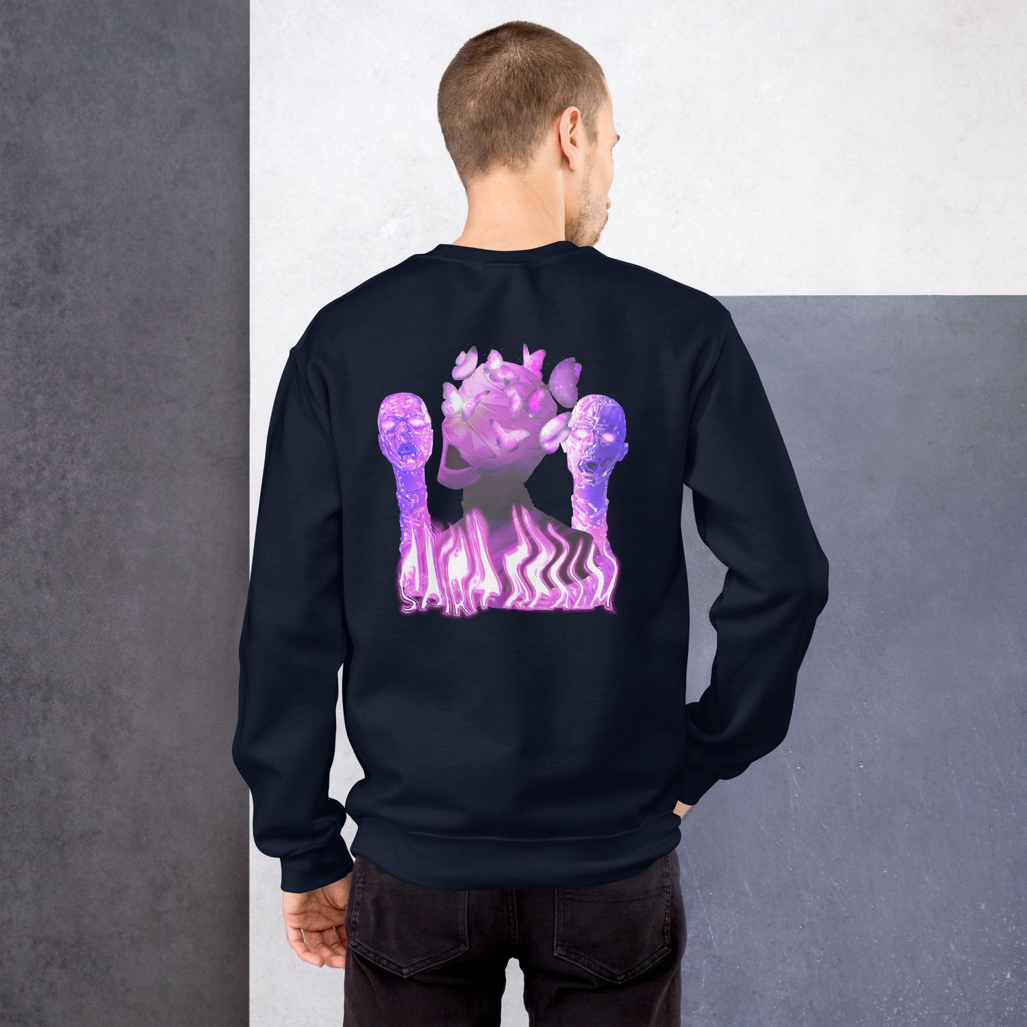 Purple-toned mummy head surrounded by butterflies, symbolizing spiritual transformation, perfect for a bold t-shirt design.