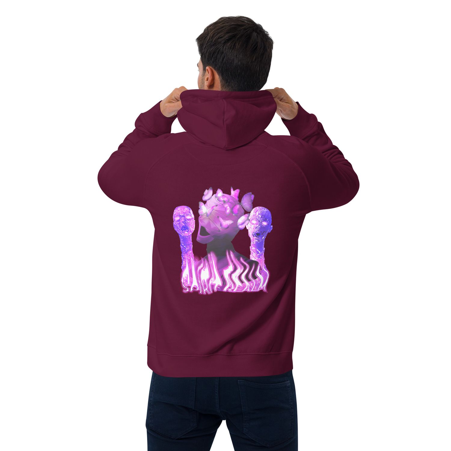 Purple-toned mummy head surrounded by butterflies, symbolizing spiritual transformation, perfect for a bold t-shirt design.