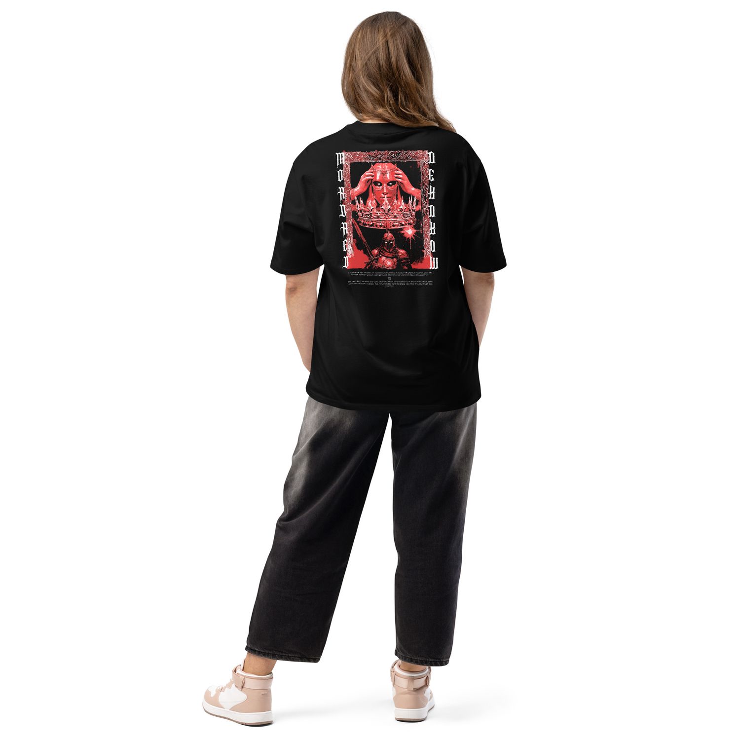 A red-toned graphic of Mordred from Arthurian legend. The design shows a masked figure placing a crown on his head with a gothic frame around the image. Below, a knight in dark armor holds a sword, with medieval script on both sides spelling &quot;Mordred.&quot;