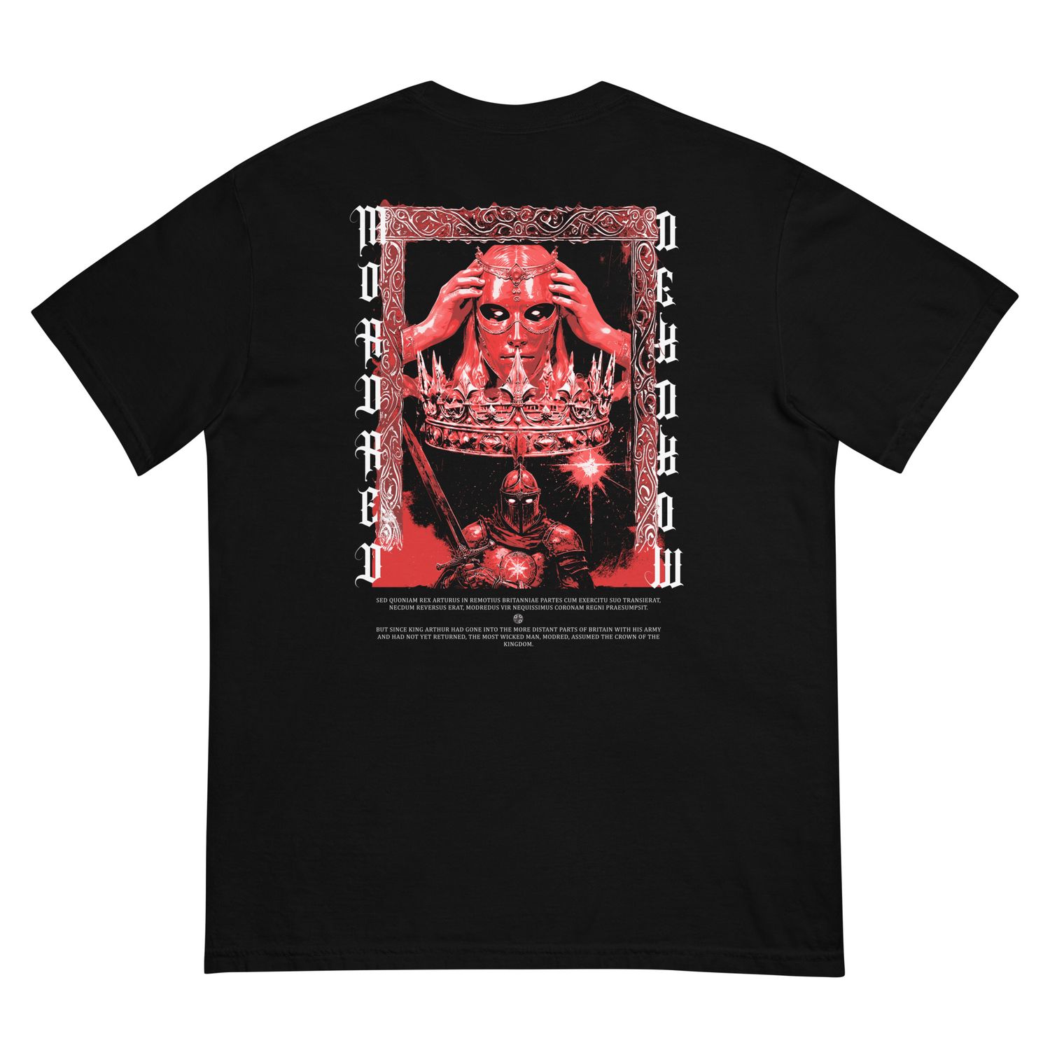 A red-toned graphic of Mordred from Arthurian legend. The design shows a masked figure placing a crown on his head with a gothic frame around the image. Below, a knight in dark armor holds a sword, with medieval script on both sides spelling &quot;Mordred.&quot;