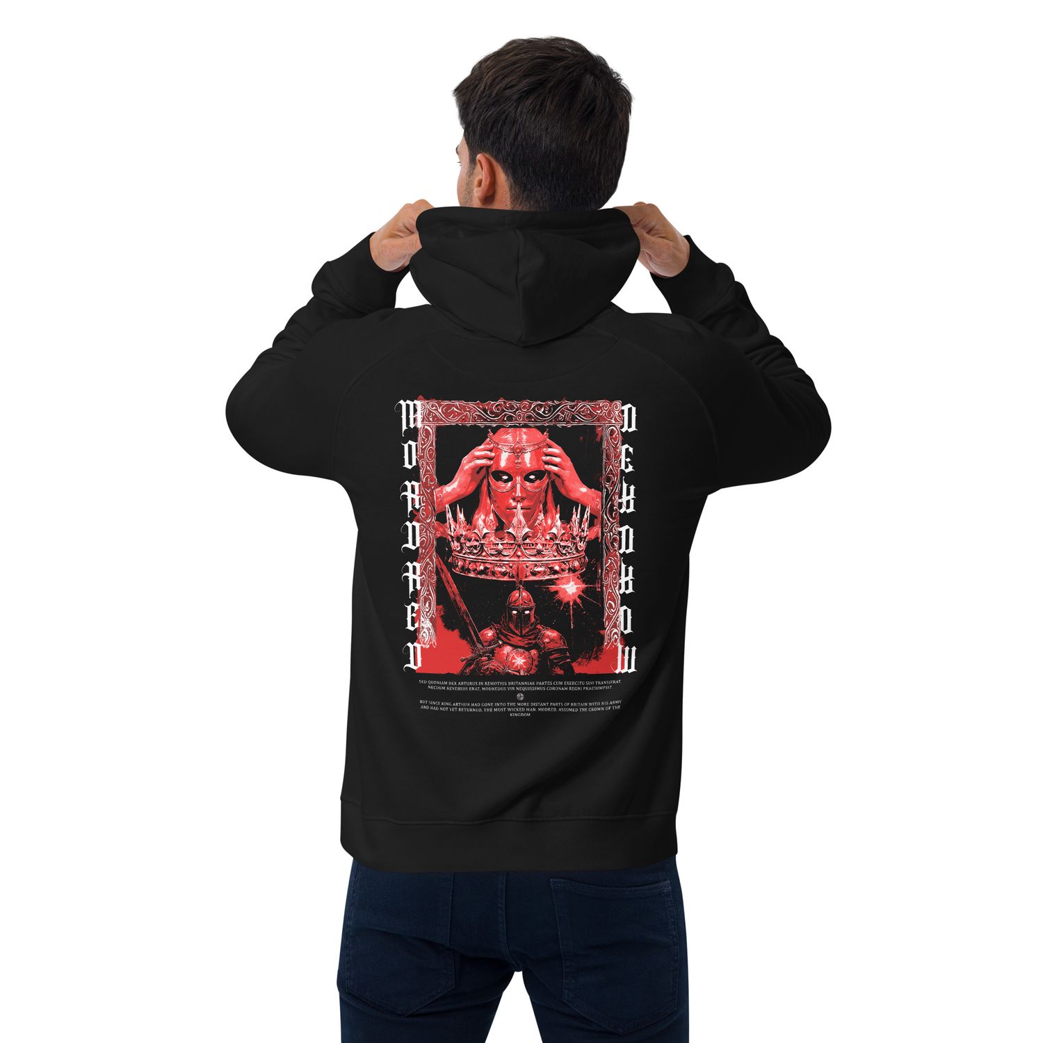 A red-toned graphic of Mordred from Arthurian legend. The design shows a masked figure placing a crown on his head with a gothic frame around the image. Below, a knight in dark armor holds a sword, with medieval script on both sides spelling &quot;Mordred.&quot;