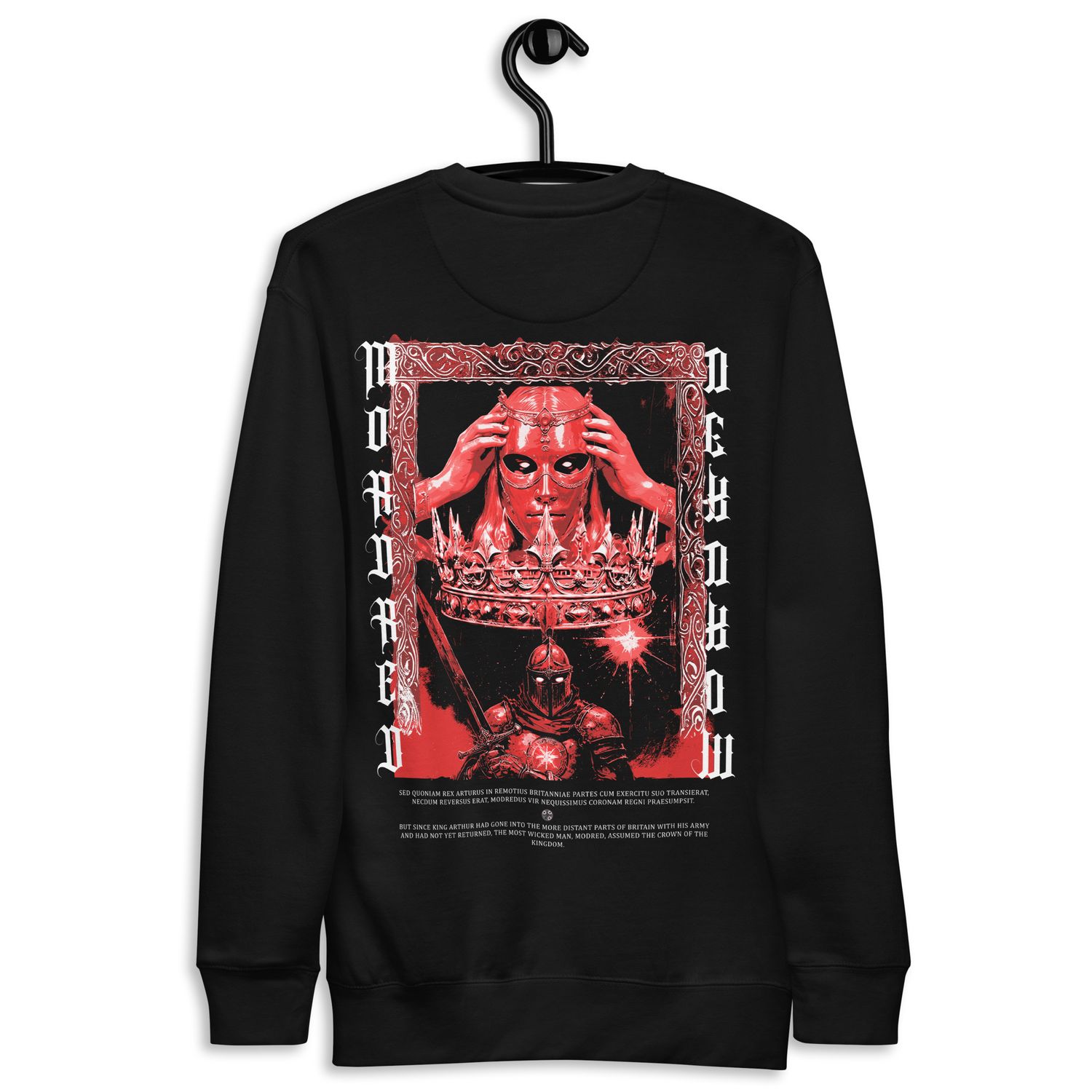 A red-toned graphic of Mordred from Arthurian legend. The design shows a masked figure placing a crown on his head with a gothic frame around the image. Below, a knight in dark armor holds a sword, with medieval script on both sides spelling &quot;Mordred.&quot;
