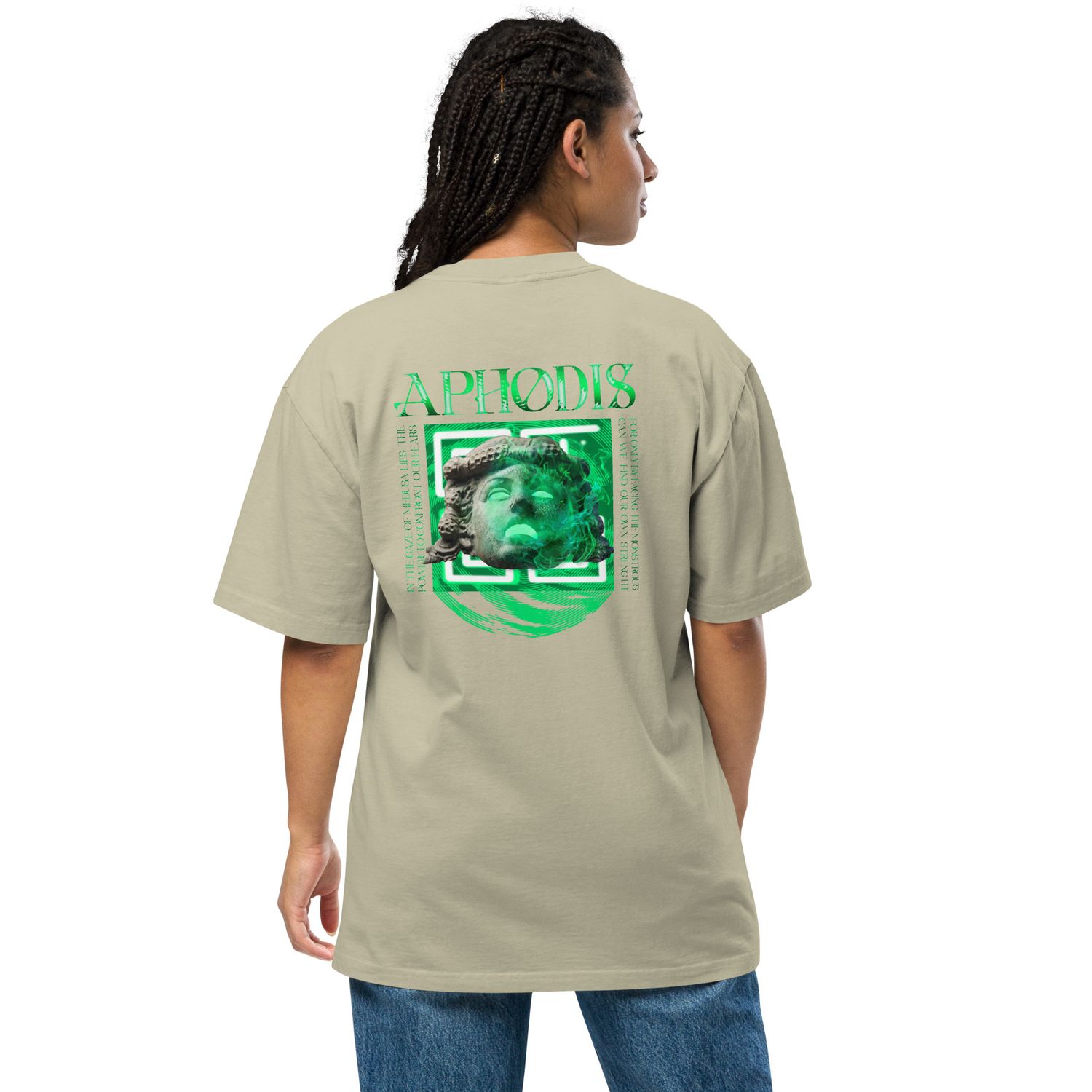 Medusa Mythology Graphic Tee with glowing green Medusa head design.
