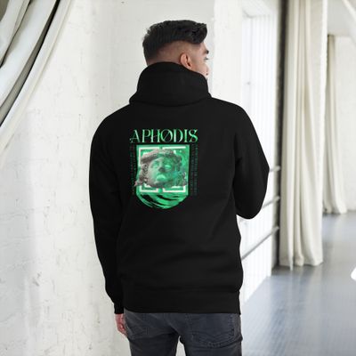 Medusa Mythology Graphic Tee with glowing green Medusa head design.