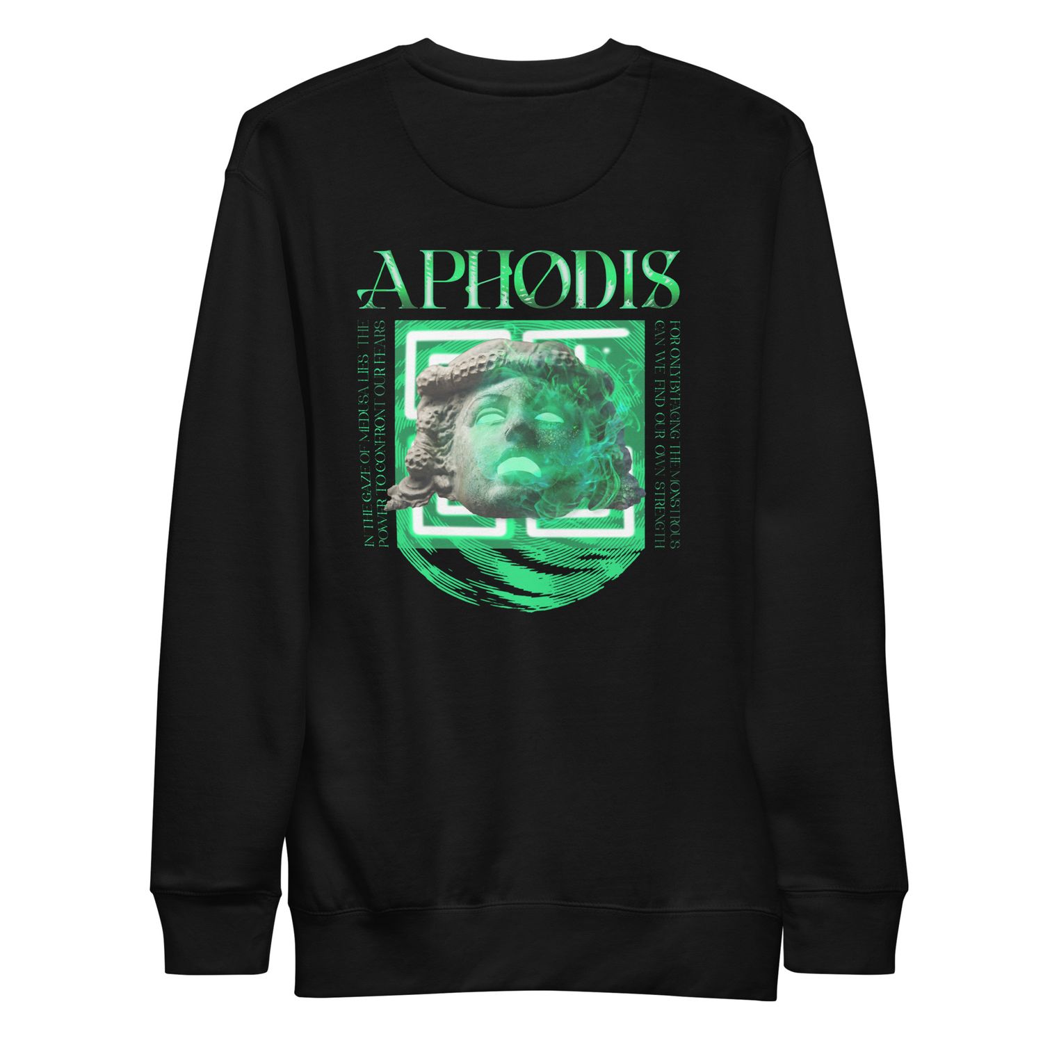 Medusa Mythology Graphic Tee with glowing green Medusa head design.