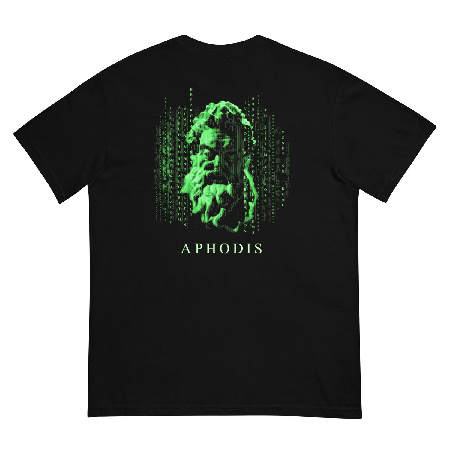 Aphodis Matrix-Inspired Graphic Tee with green digital effect and classical bust symbolizing revolution and breaking free from the system.