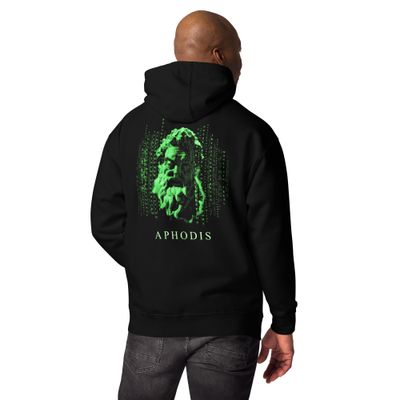 Aphodis Matrix-Inspired Graphic Tee with green digital effect and classical bust symbolizing revolution and breaking free from the system.