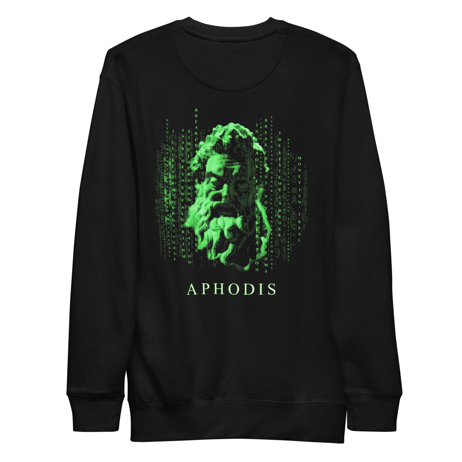 Aphodis Matrix-Inspired Graphic Tee with green digital effect and classical bust symbolizing revolution and breaking free from the system.