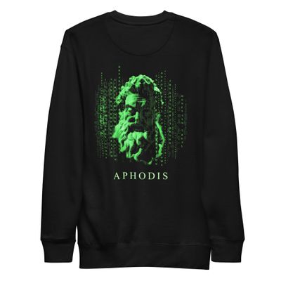 Aphodis Matrix-Inspired Graphic Tee with green digital effect and classical bust symbolizing revolution and breaking free from the system.