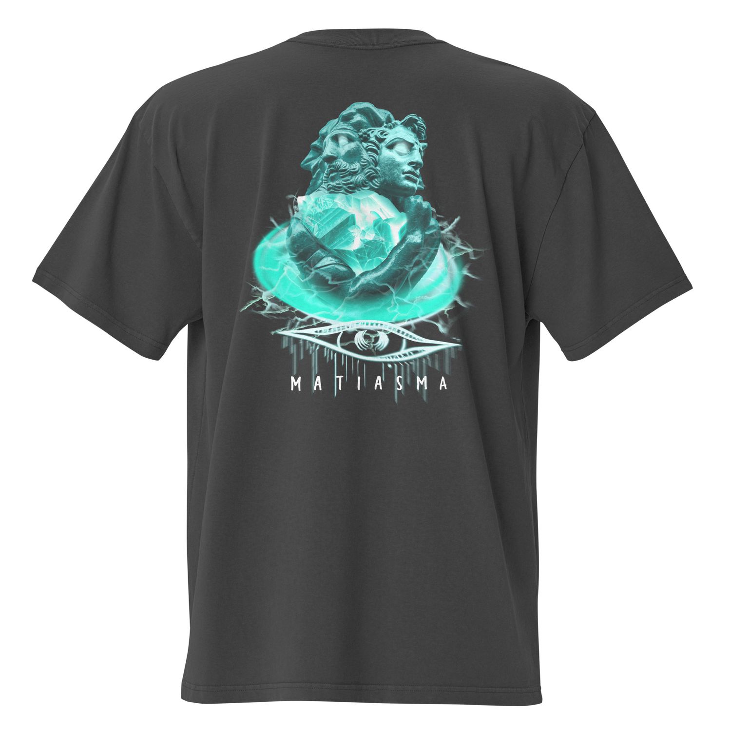 Matiasma Duality Mythos Graphic Tee with two opposing faces and an electric, crystalline design in teal, symbolizing light and shadow.