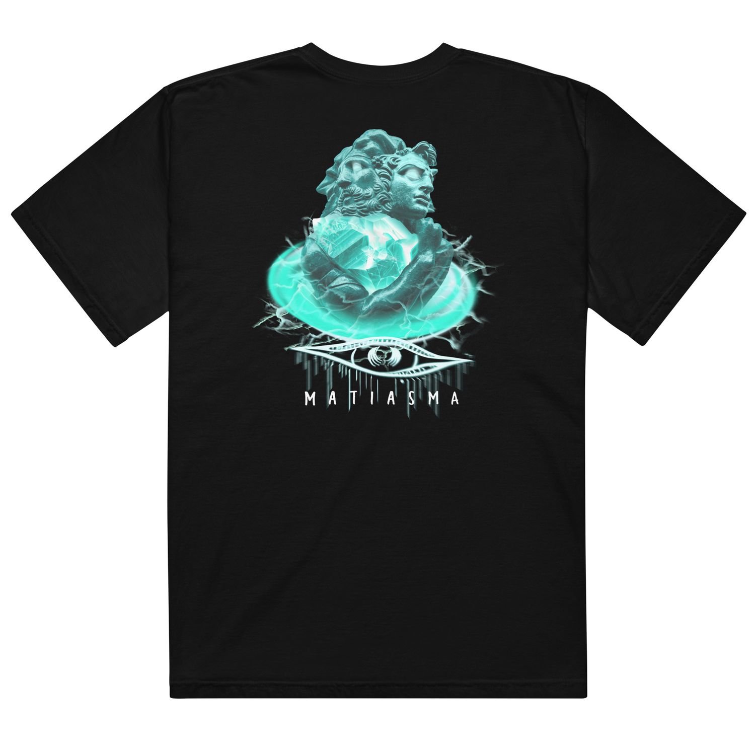 Matiasma Duality Mythos Graphic Tee with two opposing faces and an electric, crystalline design in teal, symbolizing light and shadow.