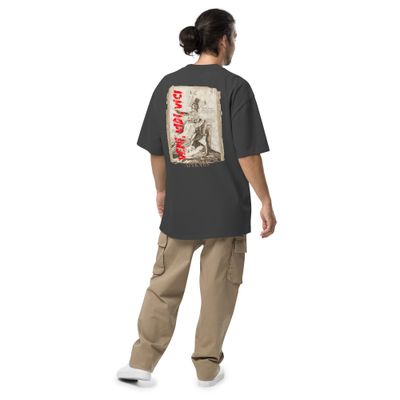 Veni Vidi Vici Graphic Tee featuring an ancient Roman statue with bold red lettering over parchment background, symbolizing victory.