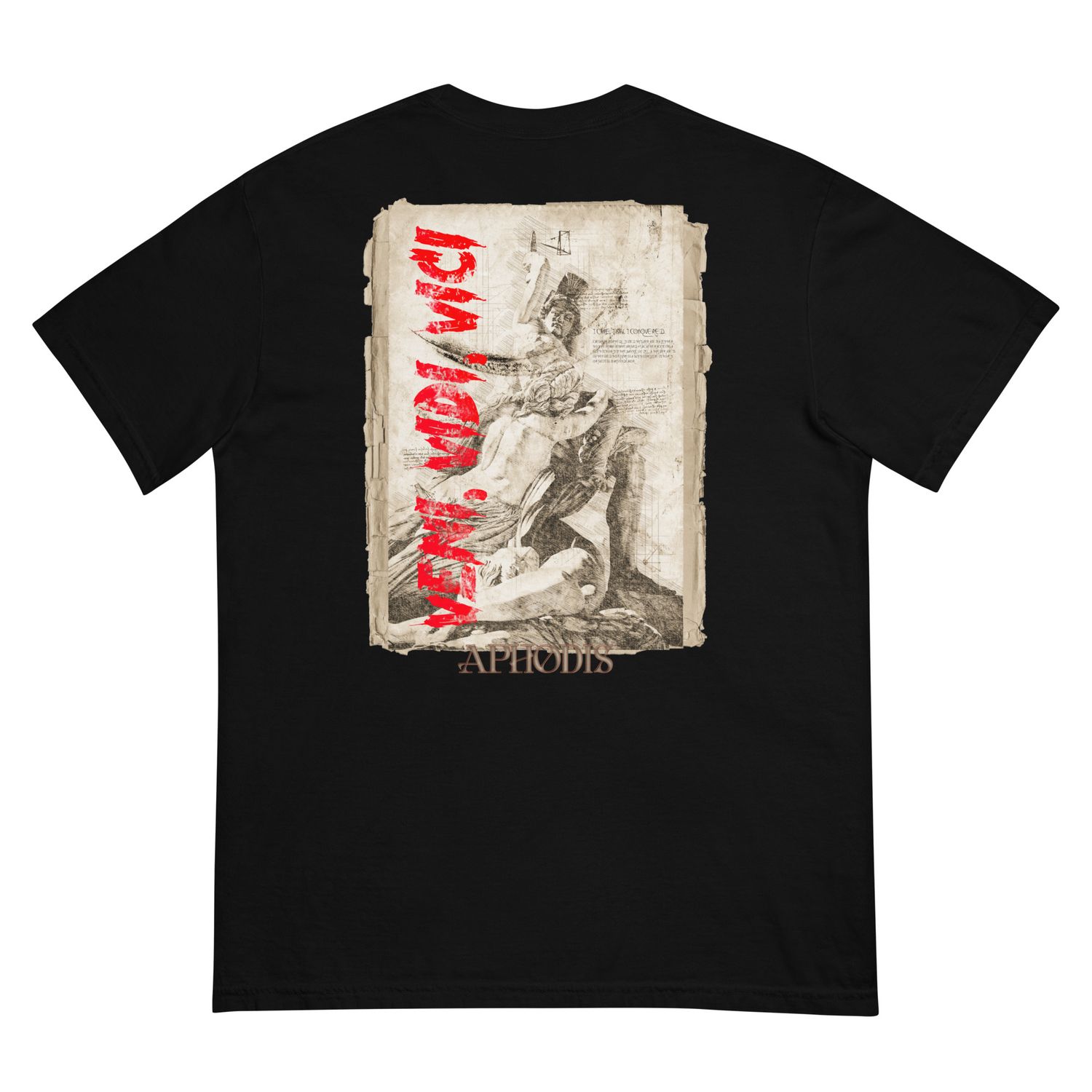 Veni Vidi Vici Graphic Tee featuring an ancient Roman statue with bold red lettering over parchment background, symbolizing victory.