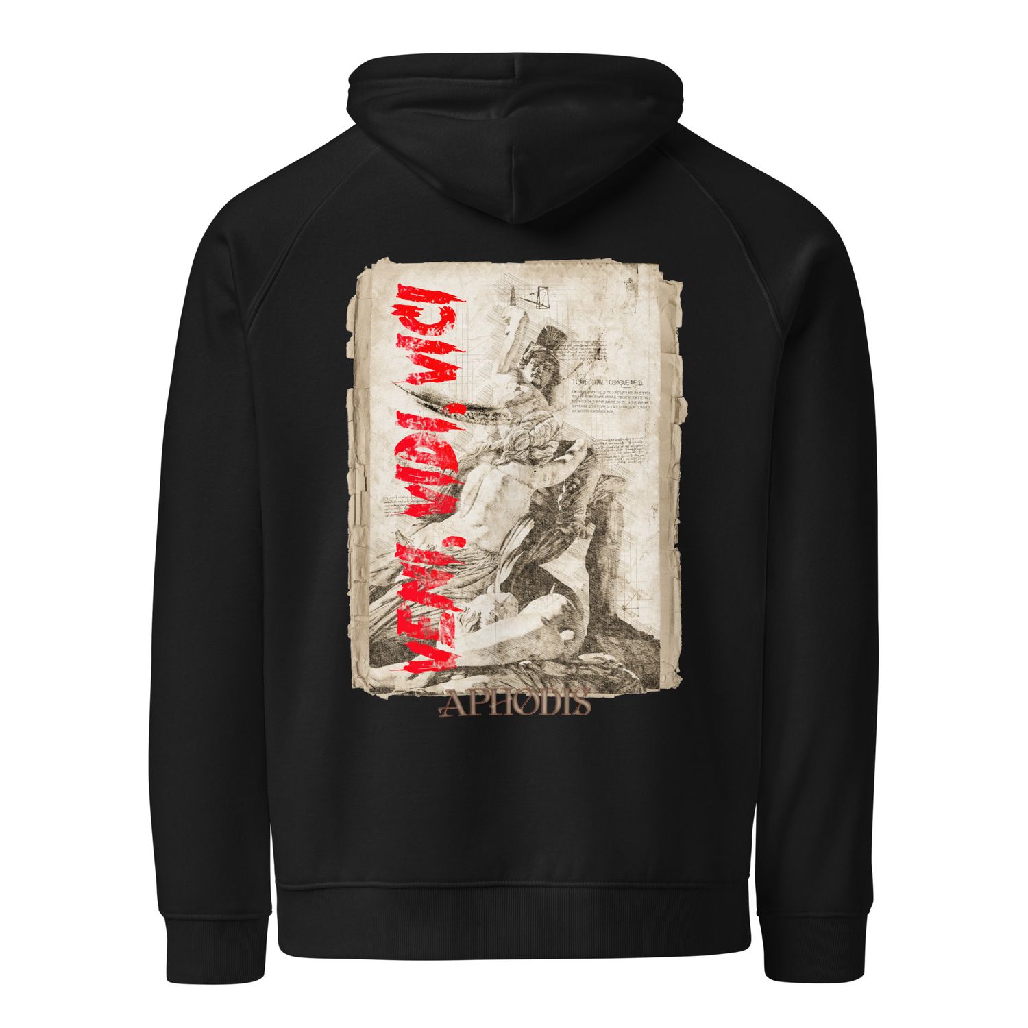 Veni Vidi Vici Graphic Tee featuring an ancient Roman statue with bold red lettering over parchment background, symbolizing victory.