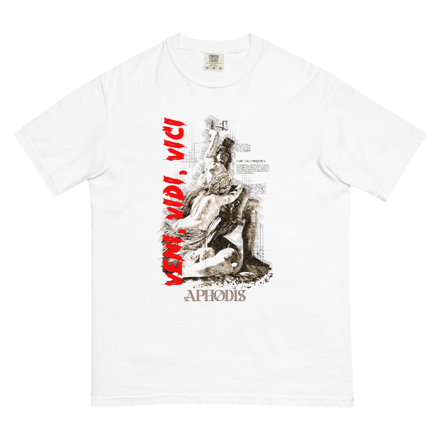 Abstract ‘Veni Vidi Vici’ Graphic Tee featuring a fragmented Roman statue in sketch-style design with bold red lettering and the word Aphodis beneath.