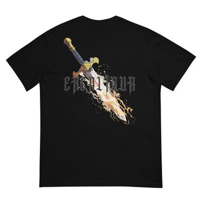 Excalibur sword with flames and Gothic text.