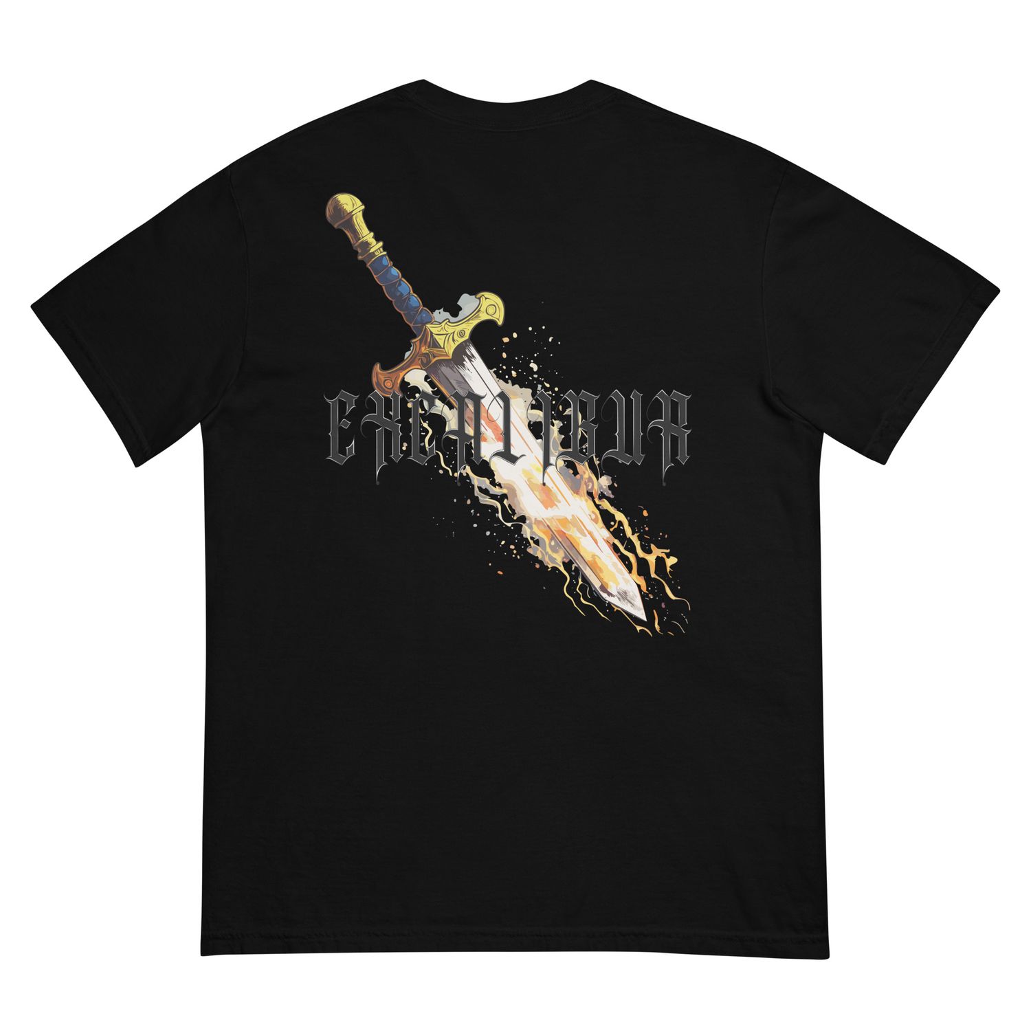 Excalibur sword with flames and Gothic text.