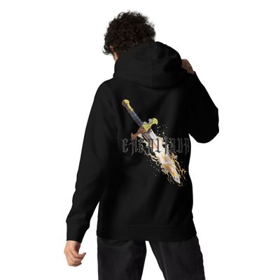 Excalibur sword with flames and Gothic text.