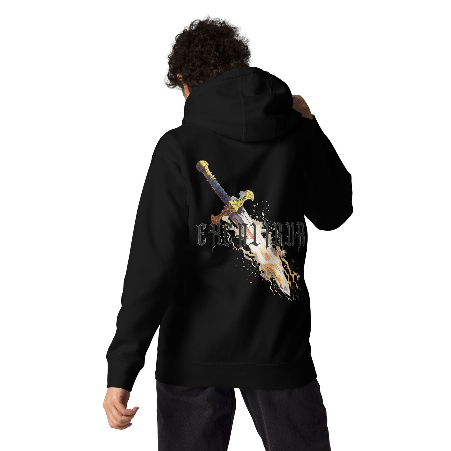 Excalibur sword with flames and Gothic text.