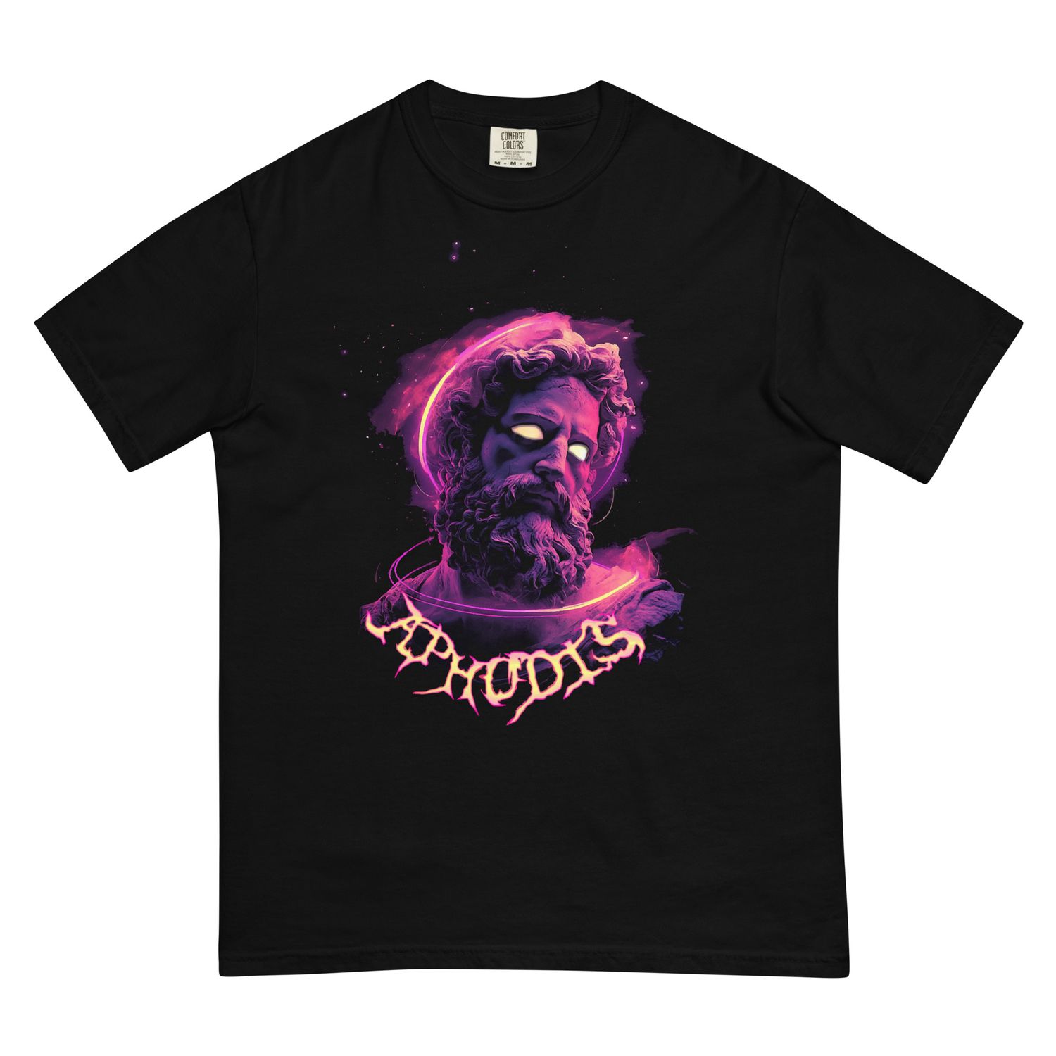 Vibrant neon design of Zeus with glowing eyes and cosmic effects, featuring Aphodis logo in stylized text.