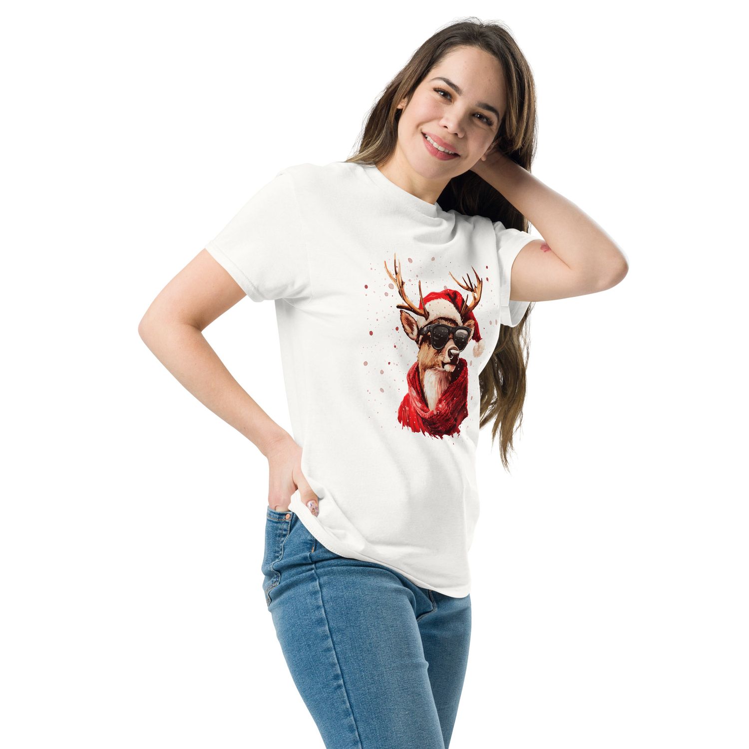 Christmas graphic tee with a stylish reindeer wearing sunglasses, a Santa hat, and a red scarf, surrounded by falling snow.