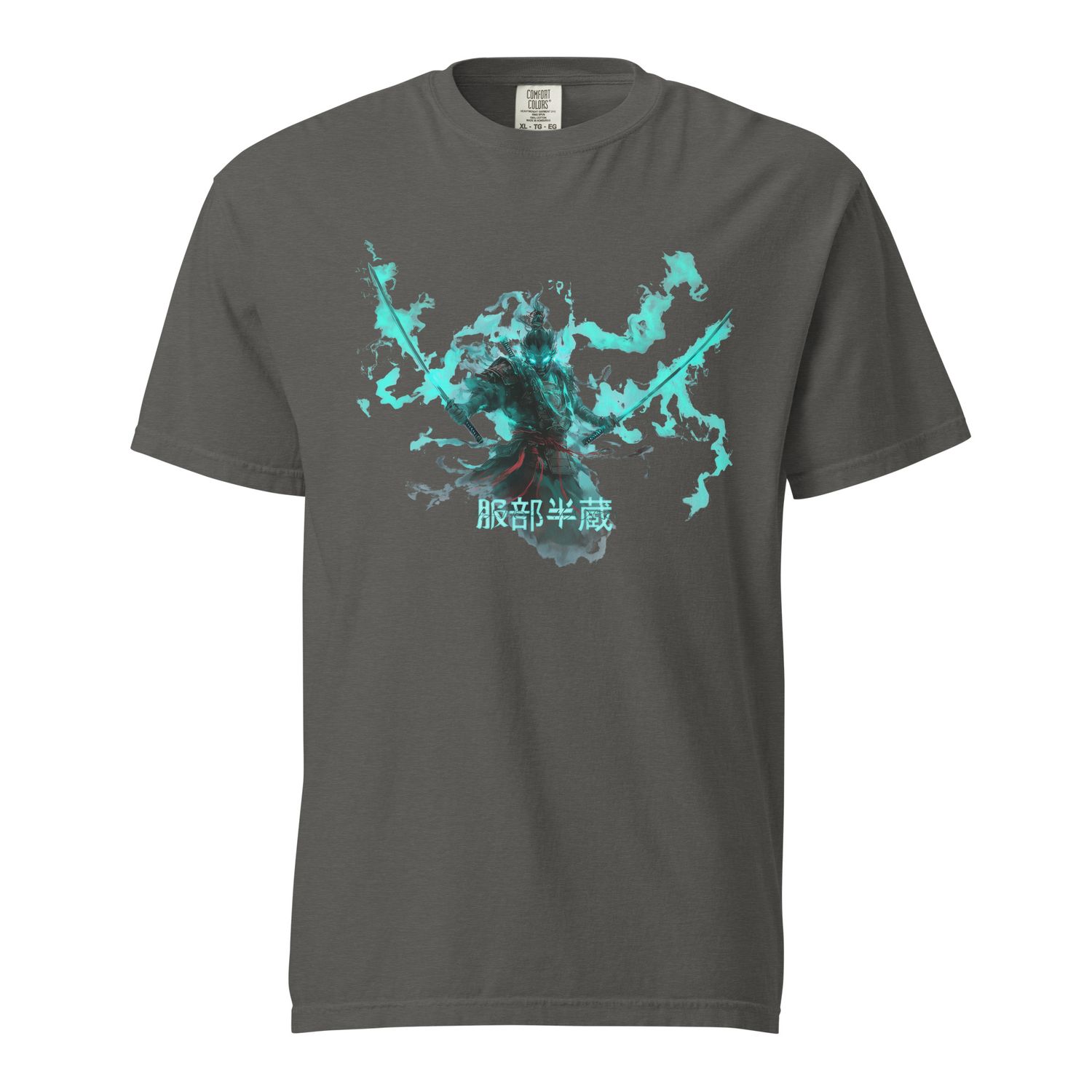 Illustration of Hattori Hanzō, the legendary samurai, with glowing teal flames and dual swords, featuring an ethereal, neon aesthetic.