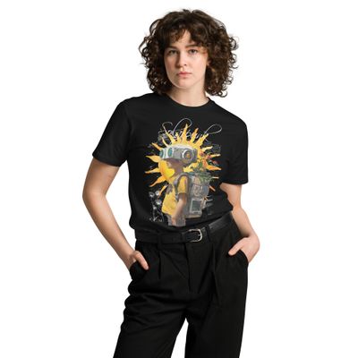 A graphic design depicting a young solarpunk explorer wearing a high-tech helmet and carrying a futuristic backpack with plants growing inside. The background features a large abstract sunburst and technical botanical sketches, accompanied by text highlighting solarpunk ideals of sustainability and innovation.