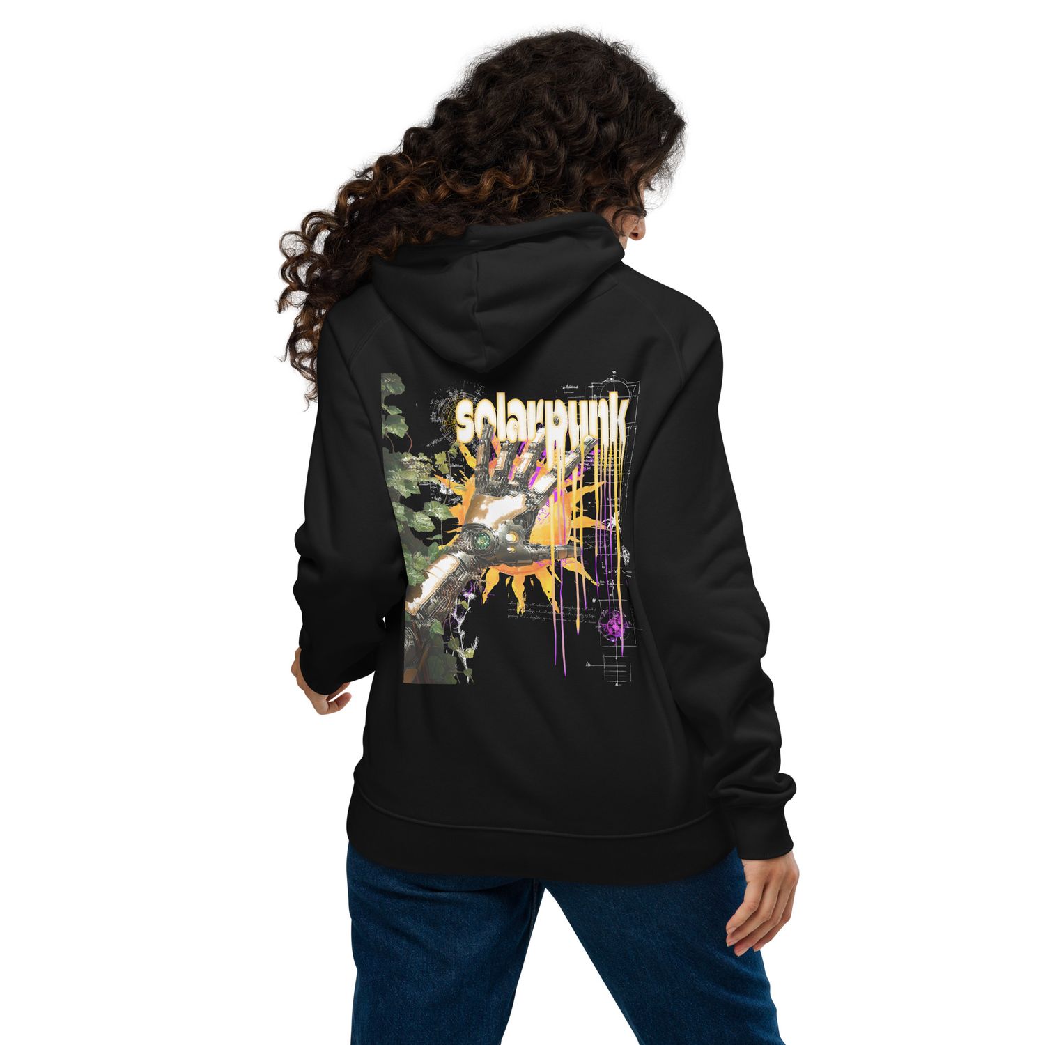 Solarpunk Revolution graphic design featuring a robotic hand with greenery, vibrant sunburst, and futuristic elements. Ideal for eco-futuristic hoodies, t-shirts, and sweatshirts.