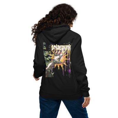 Solarpunk Revolution graphic design featuring a robotic hand with greenery, vibrant sunburst, and futuristic elements. Ideal for eco-futuristic hoodies, t-shirts, and sweatshirts.