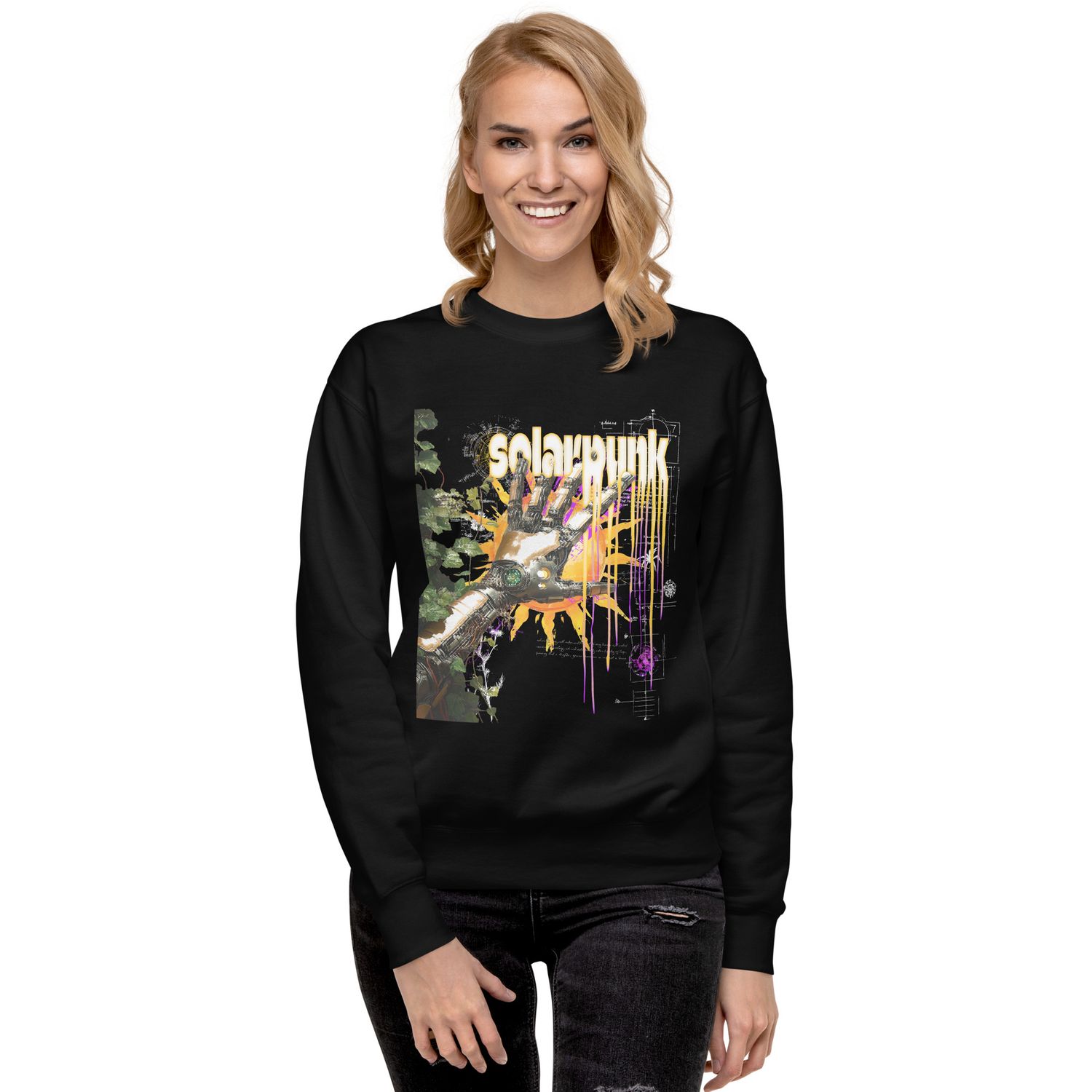 Solarpunk Revolution graphic design featuring a robotic hand with greenery, vibrant sunburst, and futuristic elements. Ideal for eco-futuristic hoodies, t-shirts, and sweatshirts.