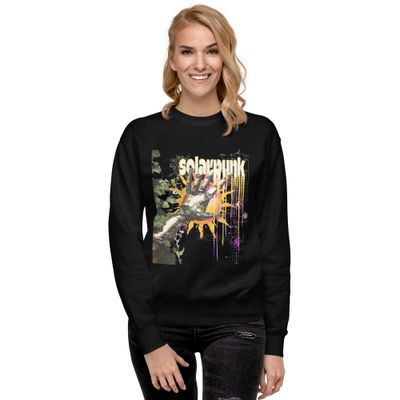 Solarpunk Revolution graphic design featuring a robotic hand with greenery, vibrant sunburst, and futuristic elements. Ideal for eco-futuristic hoodies, t-shirts, and sweatshirts.