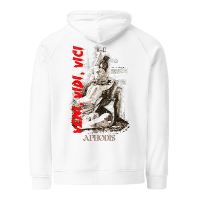 Abstract ‘Veni Vidi Vici’ Graphic Tee featuring a fragmented Roman statue in sketch-style design with bold red lettering and the word Aphodis beneath.
