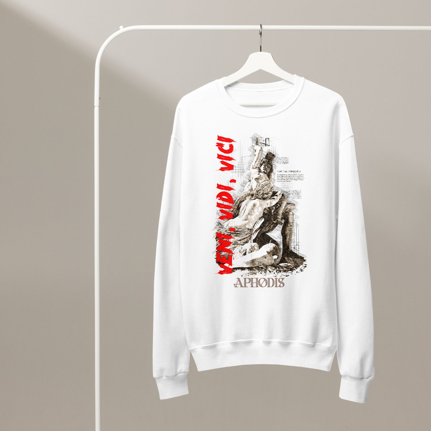 Abstract ‘Veni Vidi Vici’ Graphic Tee featuring a fragmented Roman statue in sketch-style design with bold red lettering and the word Aphodis beneath.