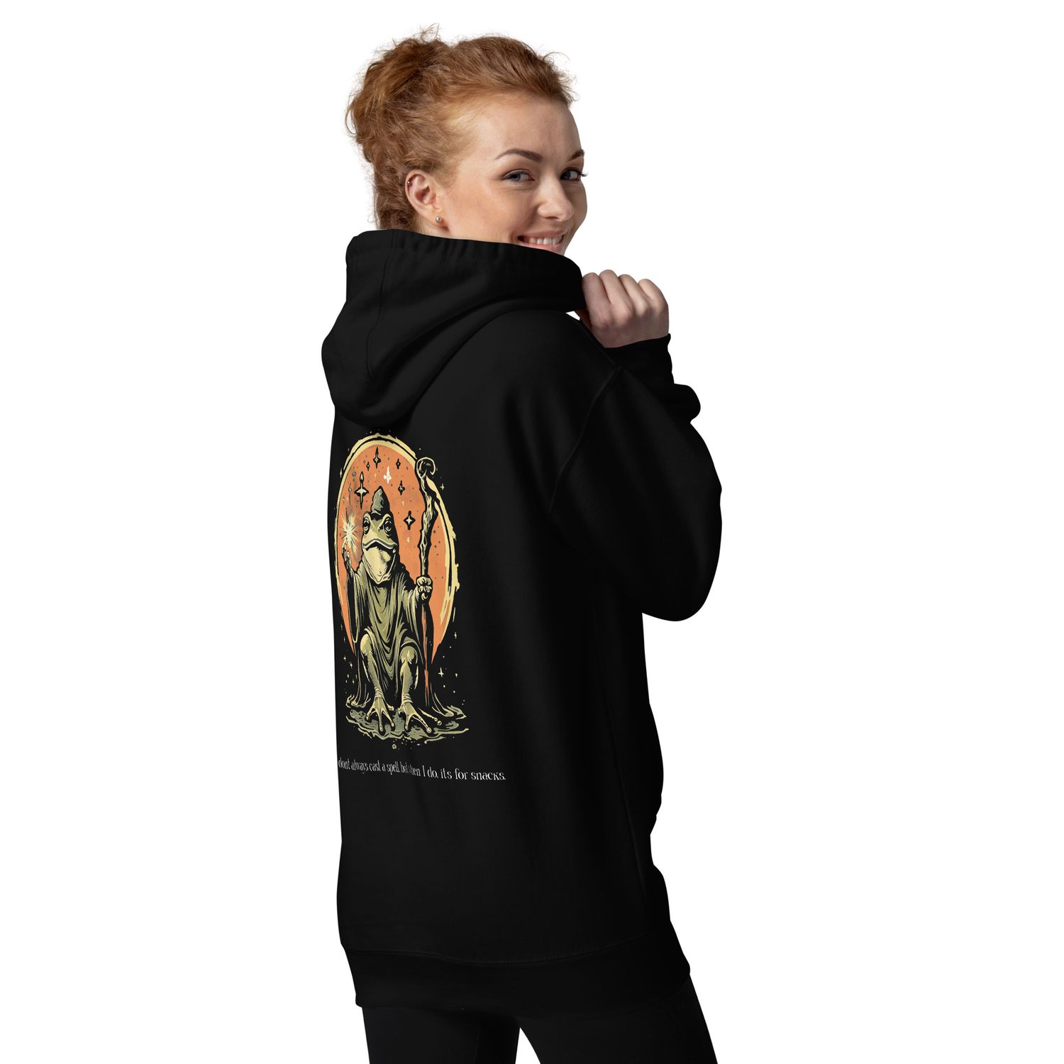 Humorous wizard frog graphic design with a magical staff, stars, and the text &#39;I don&#39;t always cast a spell, but when I do, it&#39;s for snacks.&#39; Ideal for hoodies, t-shirts, and sweatshirts.