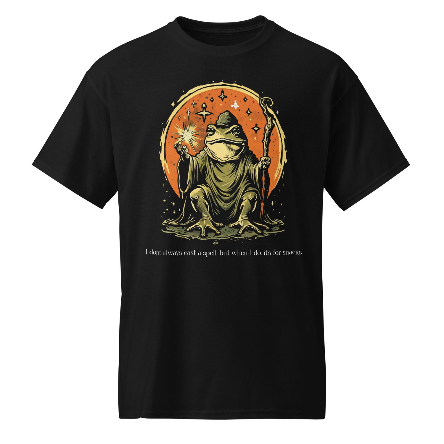 Humorous wizard frog graphic design with a magical staff, stars, and the text &#39;I don&#39;t always cast a spell, but when I do, it&#39;s for snacks.&#39; Ideal for hoodies, t-shirts, and sweatshirts.